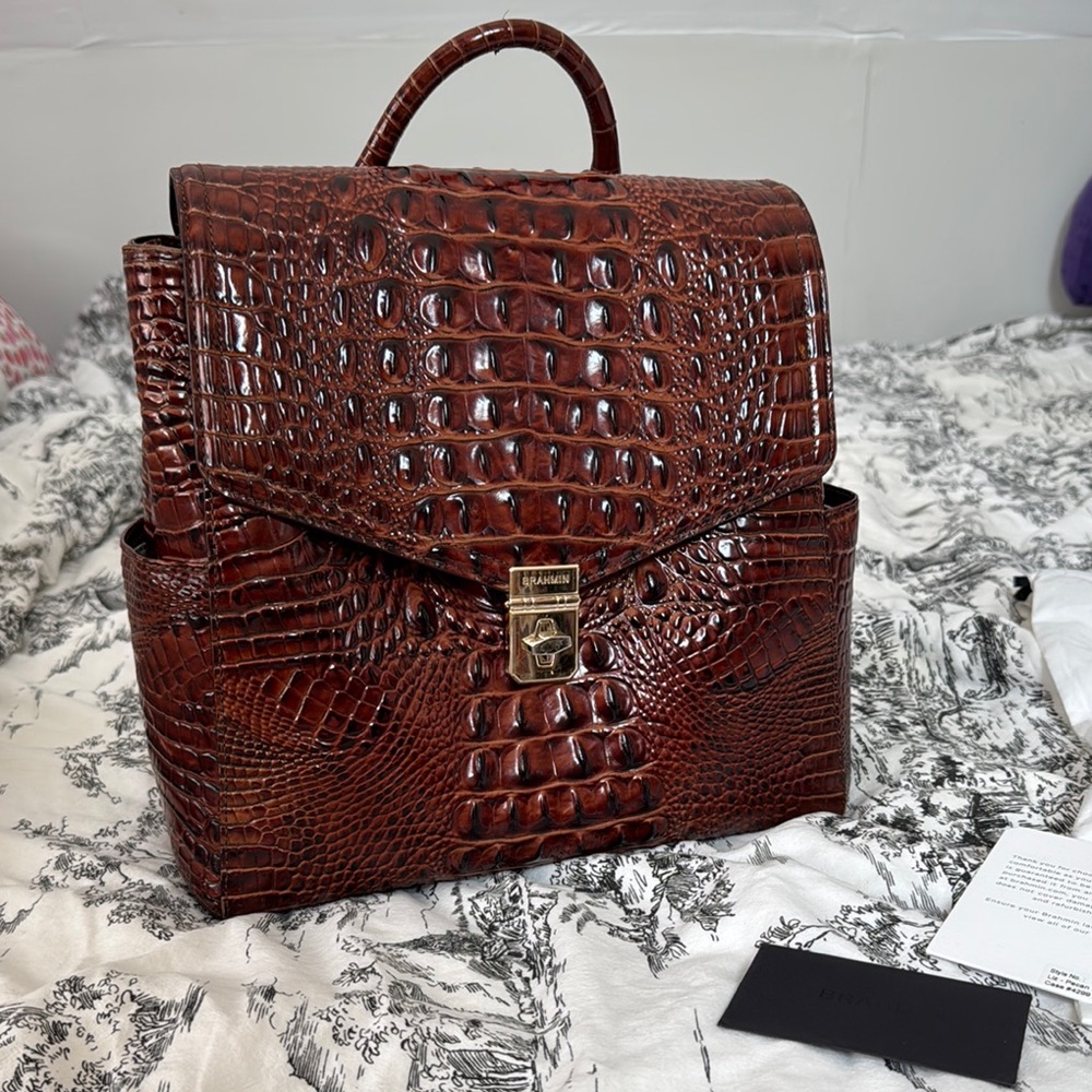Brahmin Liz - Pecan Melbourne Croc-Embossed Brown Backpack